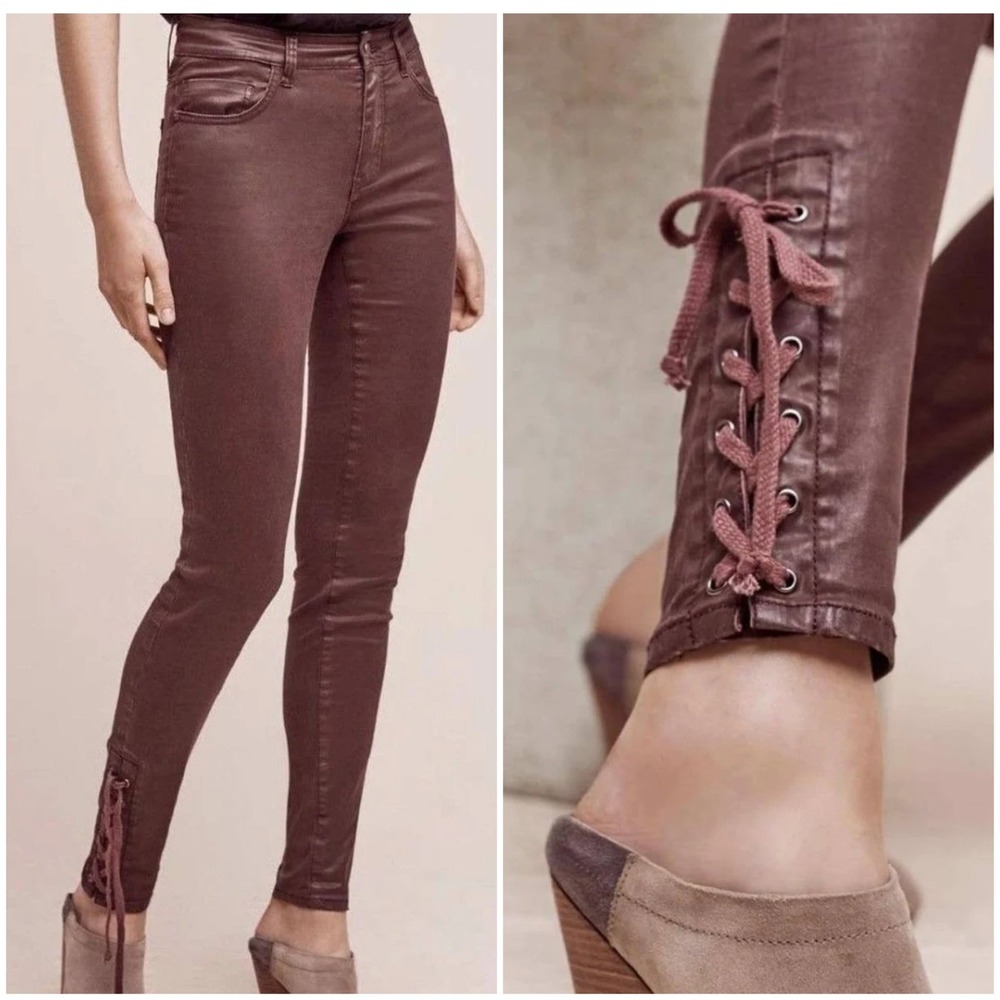 Anthropologie‎ Pilcro Womens Script Coated High Rise Jeans Size 28 Wine Lace Up